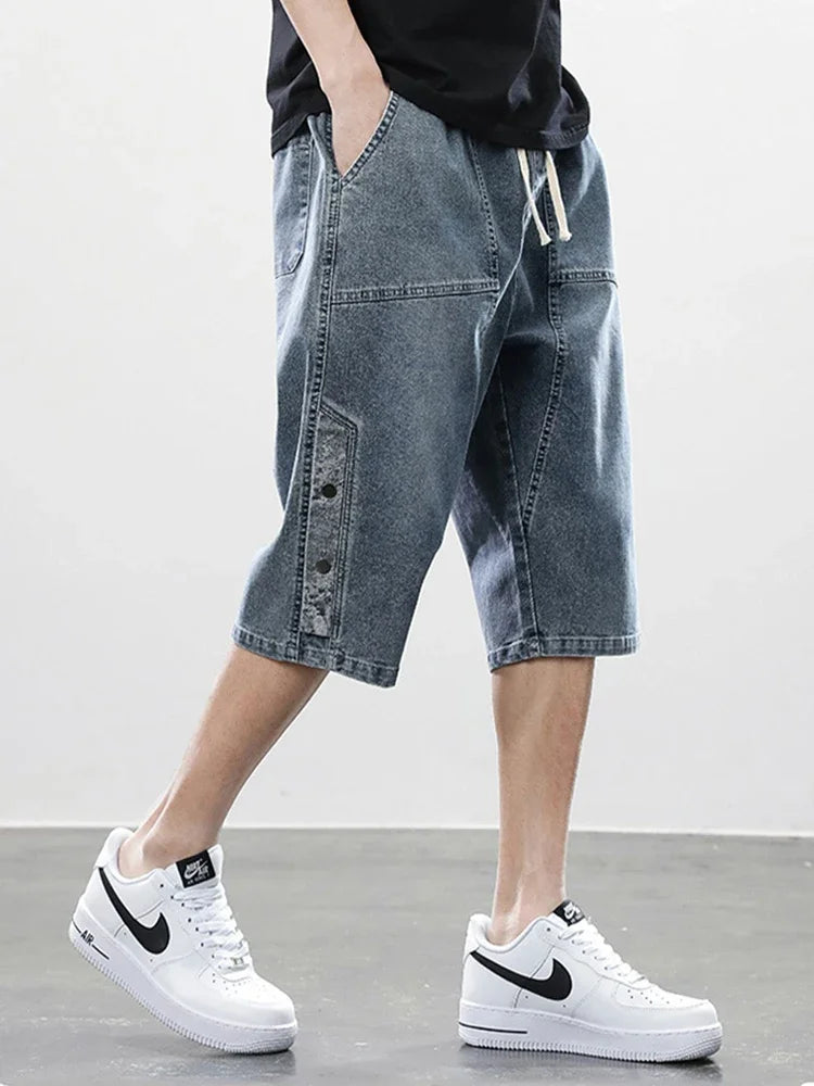 Summer Men's Jeans Denim Breeches Calf-Length Casual Shorts Washed Cotton Drawstring Straight Capris Pants Big Size 8XL