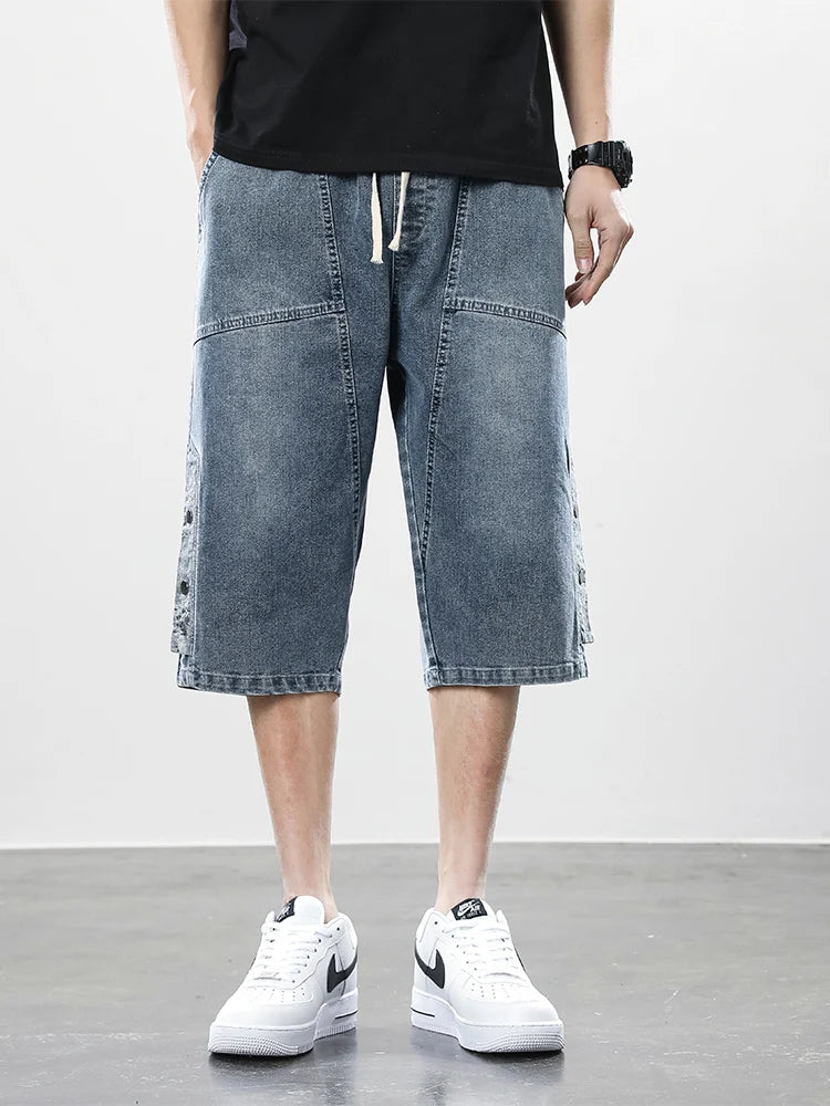Summer Men's Jeans Denim Breeches Calf-Length Casual Shorts Washed Cotton Drawstring Straight Capris Pants Big Size 8XL