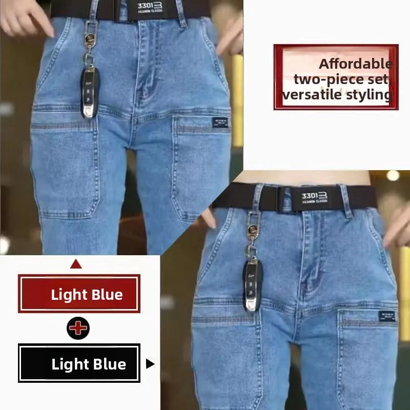 Men's Slim Fit Straight Leg Denim Jeans Flame Retardant Stretch Autumn Thin Faionable Long Pants Casual Wear Youth Sle