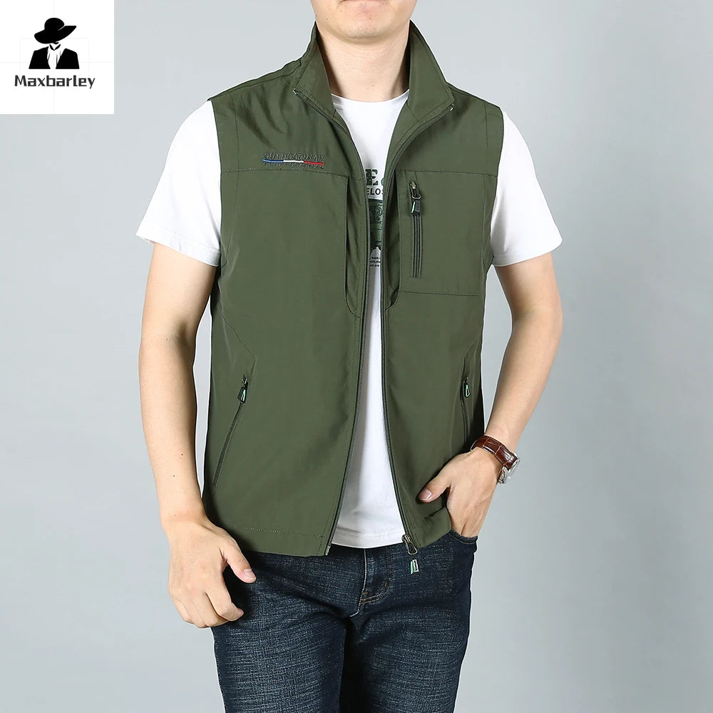 Men's Waistcoat Jackets Outdoor Fishing Vest 2024 Summer Solid Color Stand Collar Climbing Hiking Work Sleeveless With Pocket