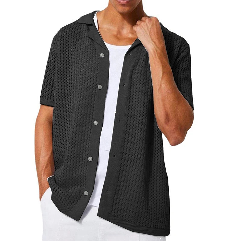 2025 Instant sale of the new summer casual pure color men's shirt hollow-out shirt knitted short-sleeved cardigan