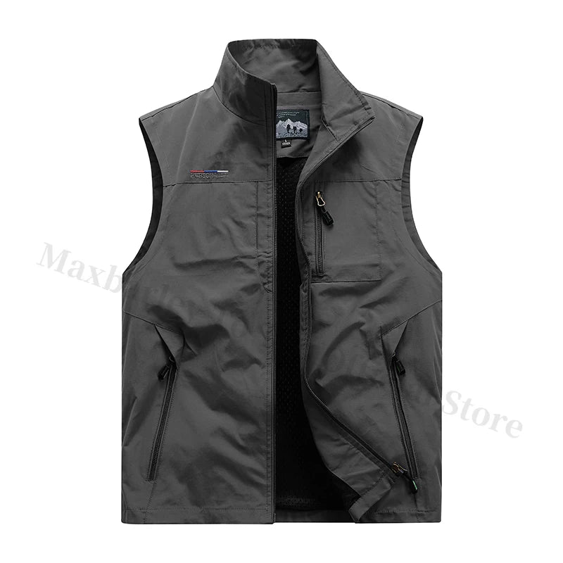 Men's Waistcoat Jackets Outdoor Fishing Vest 2024 Summer Solid Color Stand Collar Climbing Hiking Work Sleeveless With Pocket