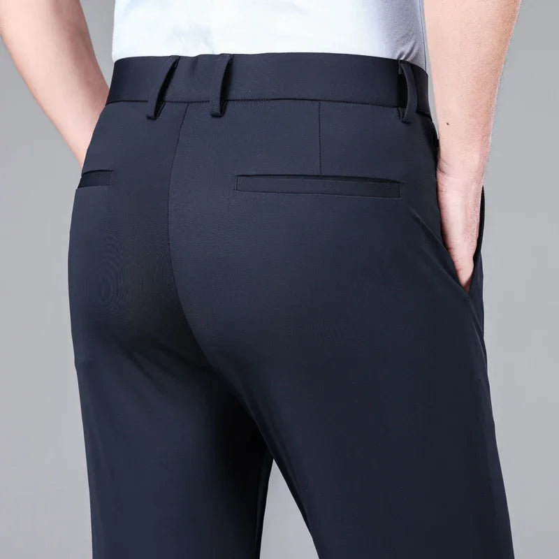 New Summer Men's Ice Silk High Stretch Business Suit Pants Male Army Green Blue Elastic Formal Office Straight Formal Trousers
