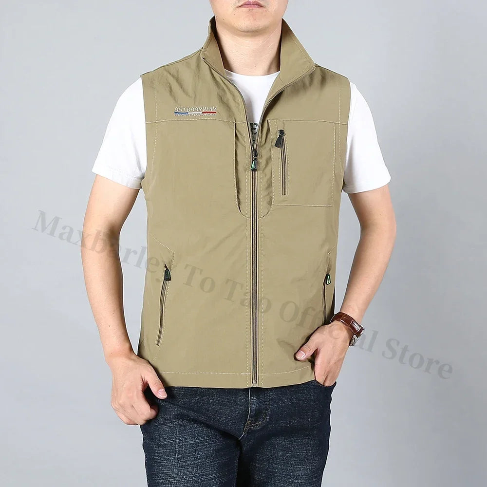 Men's Waistcoat  Jackets Outdoor Fishing Vest 2024 Summer Solid Color Stand Collar  Climbing Hiking Work Sleeveless With Pocket
