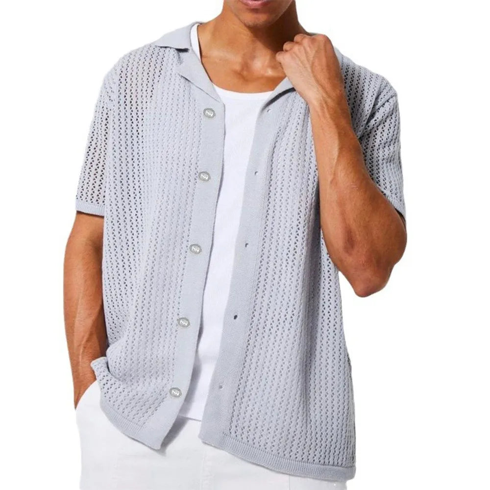 2025 Instant sale of the new summer casual pure color men's shirt hollow-out shirt knitted short-sleeved cardigan