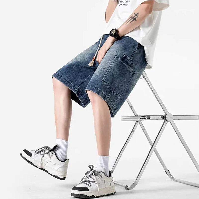 2025 New Men's Y2K Vintage Baggy Cargo Jorts Summer High Street Straight Denim Shorts Casual Washed Multi-pocket bermudas