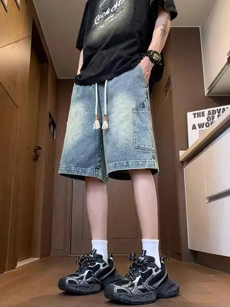 2025 New Men's Y2K Vintage Baggy Cargo Jorts Summer High Street Straight Denim Shorts Casual Washed Multi-pocket bermudas
