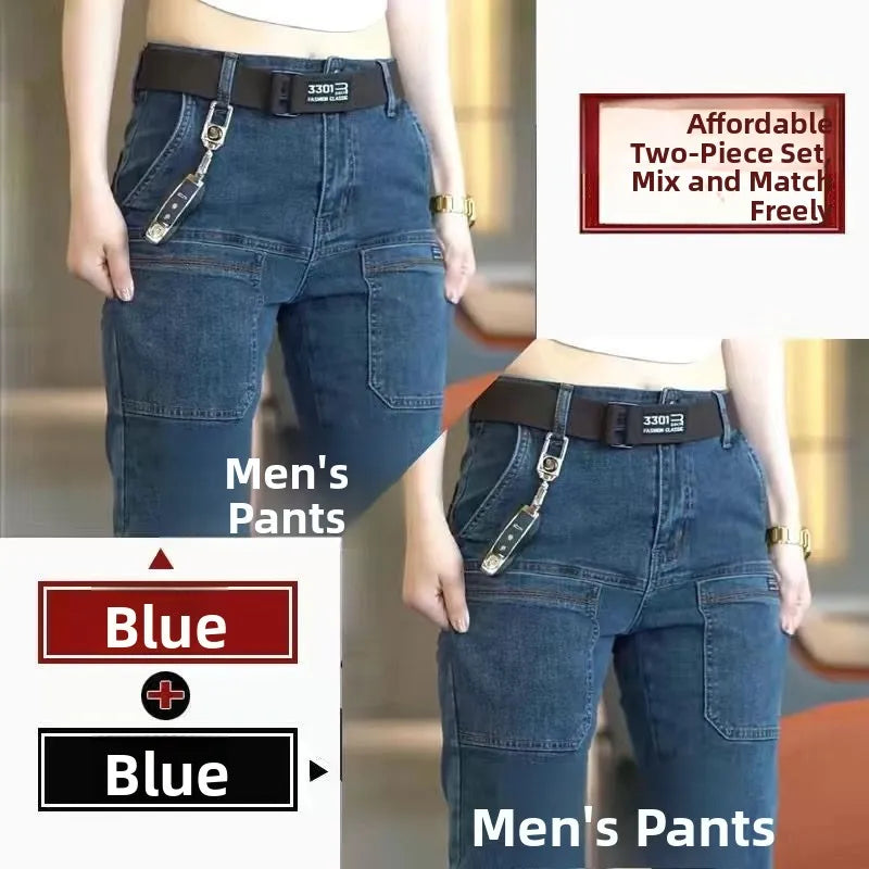 Men's Slim Fit Straight Leg Denim Jeans Flame Retardant Stretch Autumn Thin Faionable Long Pants Casual Wear Youth Sle