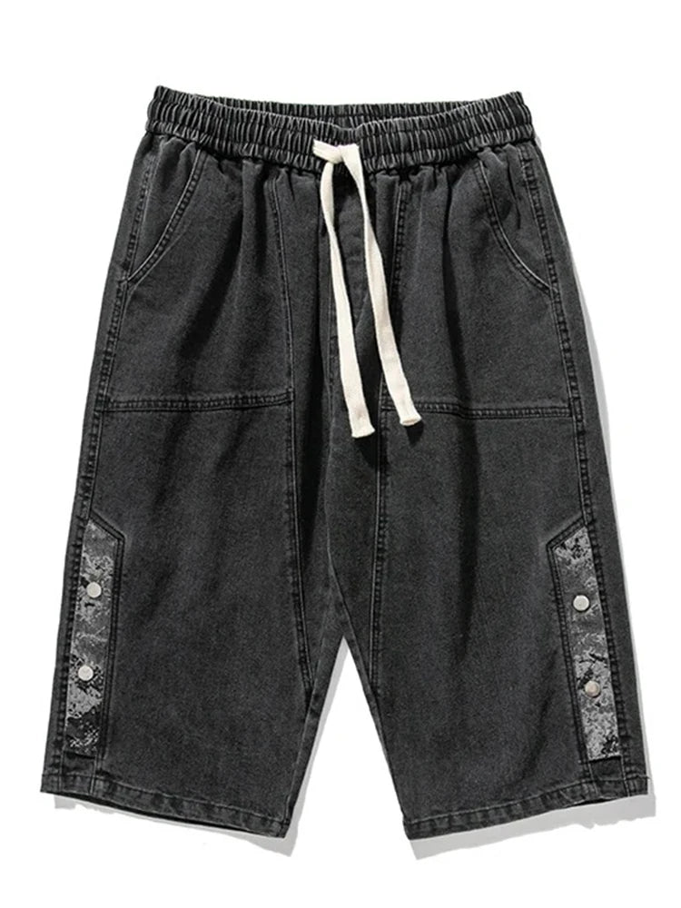 Summer Men's Jeans Denim Breeches Calf-Length Casual Shorts Washed Cotton Drawstring Straight Capris Pants Big Size 8XL