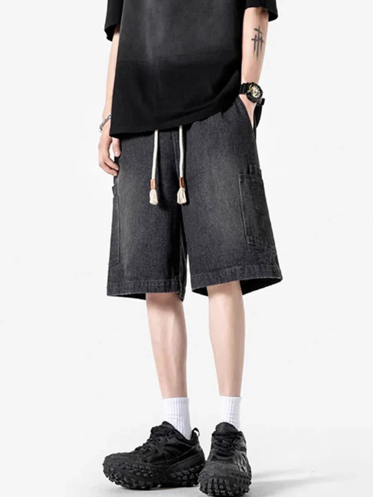 2025 New Men's Y2K Vintage Baggy Cargo Jorts Summer High Street Straight Denim Shorts Casual Washed Multi-pocket bermudas