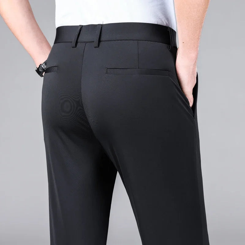 New Summer Men's Ice Silk High Stretch Business Suit Pants Male Army Green Blue Elastic Formal Office Straight Formal Trousers