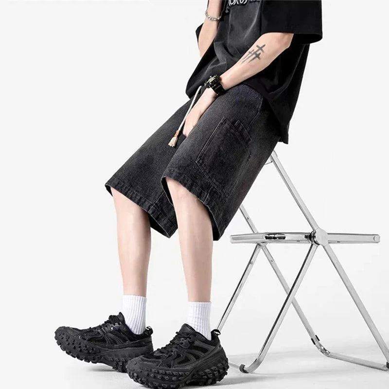 2025 New Men's Y2K Vintage Baggy Cargo Jorts Summer High Street Straight Denim Shorts Casual Washed Multi-pocket bermudas