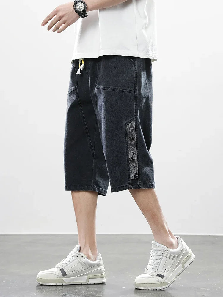 Summer Men's Jeans Denim Breeches Calf-Length Casual Shorts Washed Cotton Drawstring Straight Capris Pants Big Size 8XL