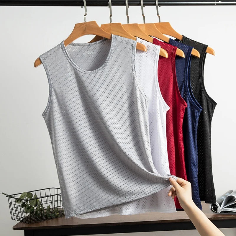 Men Ice Silk Tank Tops Thin Breathable Sport T Shirts Sleeveless Mesh Hole Vest Summer Quick-Drying Bodybuilding Fitness Vest