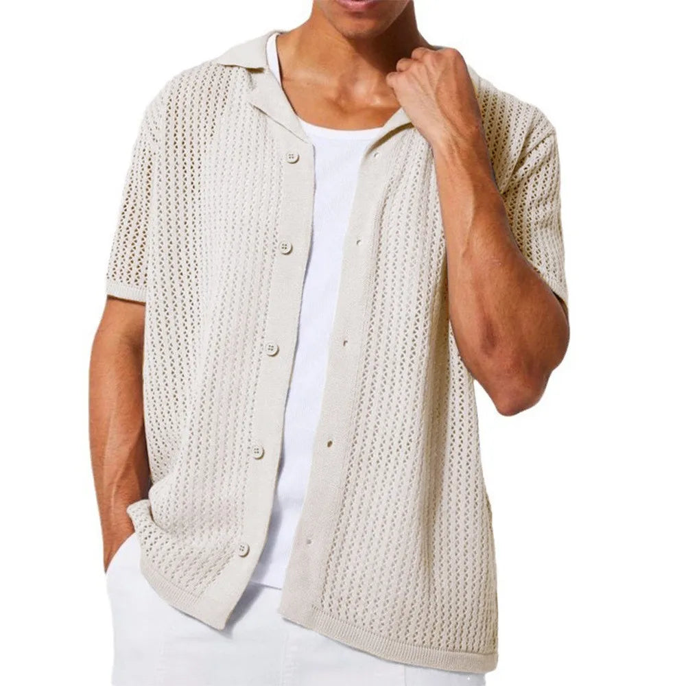 2025 Instant sale of the new summer casual pure color men's shirt hollow-out shirt knitted short-sleeved cardigan