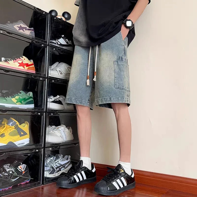 2025 New Men's Y2K Vintage Baggy Cargo Jorts Summer High Street Straight Denim Shorts Casual Washed Multi-pocket bermudas