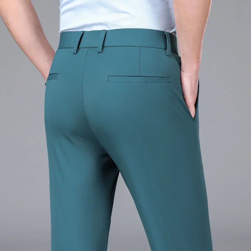 New Summer Men's Ice Silk High Stretch Business Suit Pants Male Army Green Blue Elastic Formal Office Straight Formal Trousers