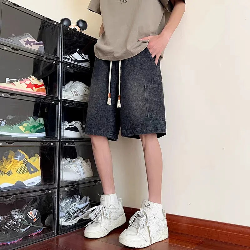 2025 New Men's Y2K Vintage Baggy Cargo Jorts Summer High Street Straight Denim Shorts Casual Washed Multi-pocket bermudas
