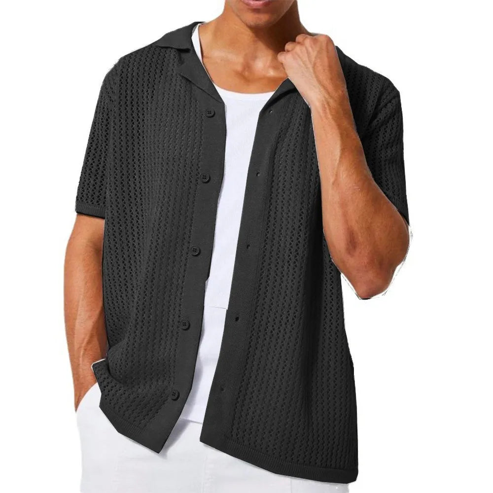 2025 Instant sale of the new summer casual pure color men's shirt hollow-out shirt knitted short-sleeved cardigan