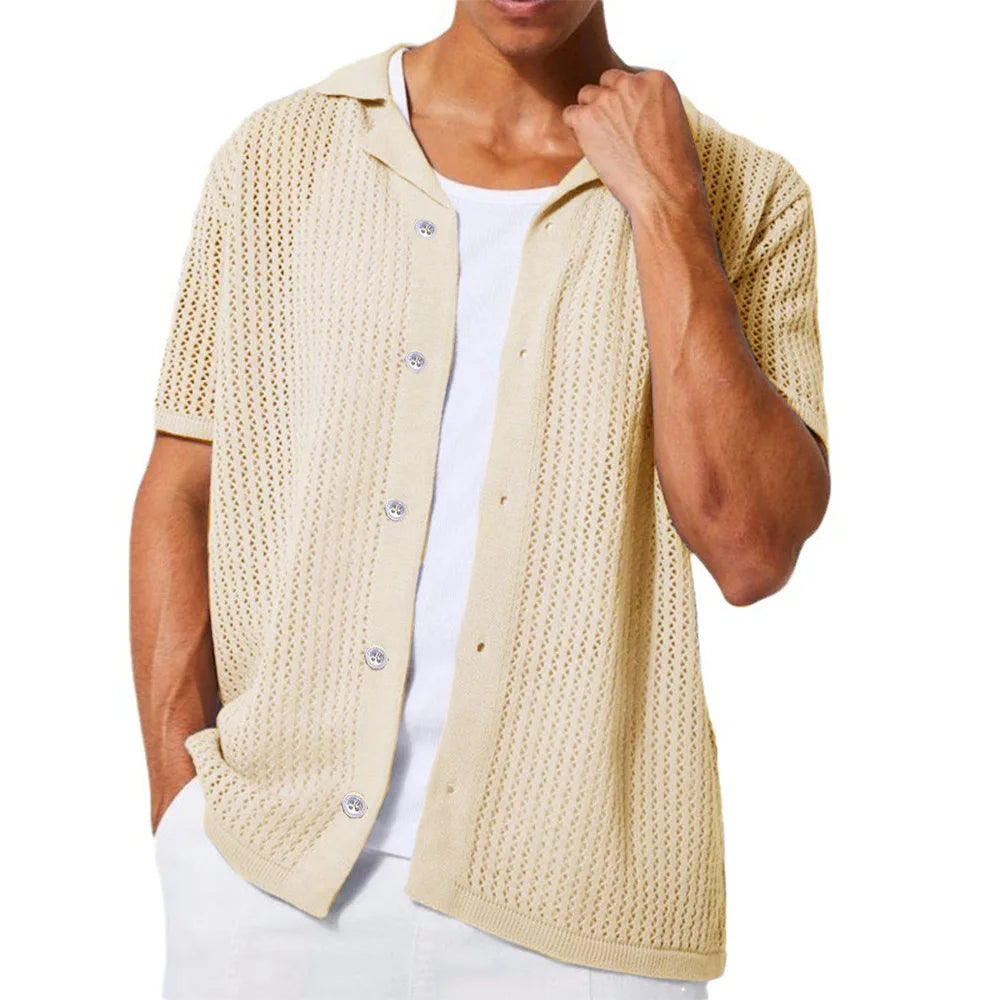 2025 Instant sale of the new summer casual pure color men's shirt hollow-out shirt knitted short-sleeved cardigan