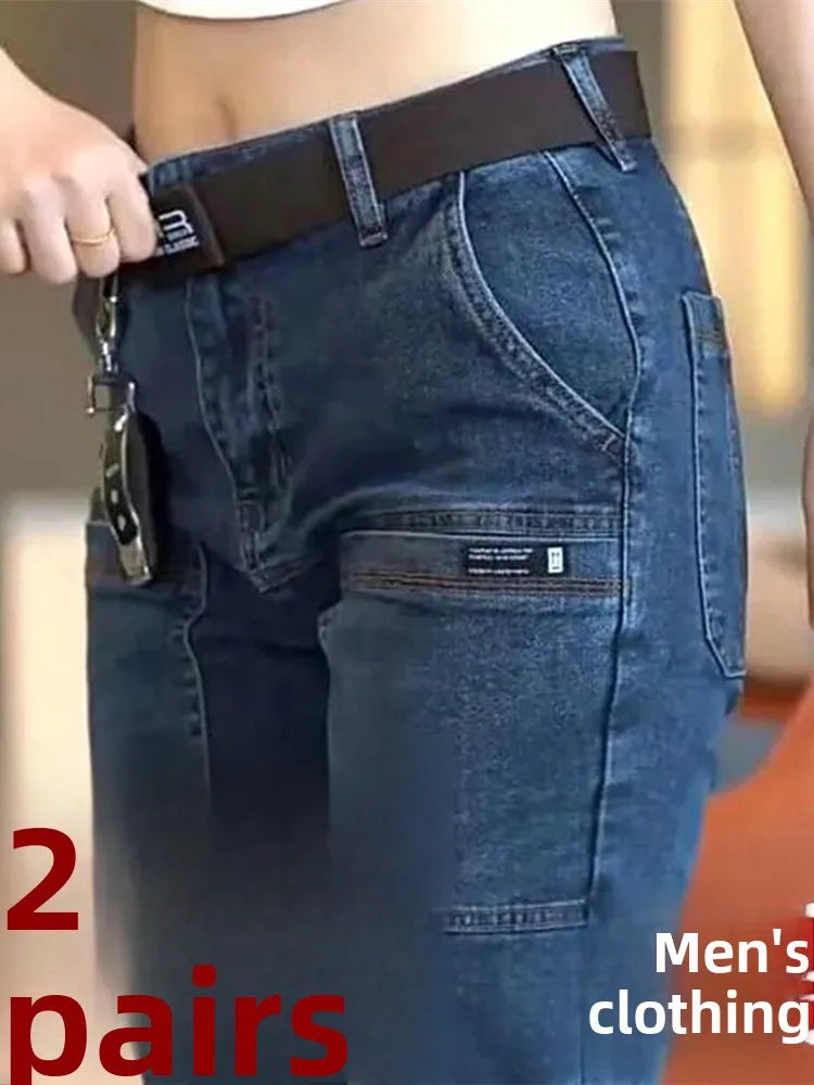 Men's Slim Fit Straight Leg Denim Jeans Flame Retardant Stretch Autumn Thin Faionable Long Pants Casual Wear Youth Sle