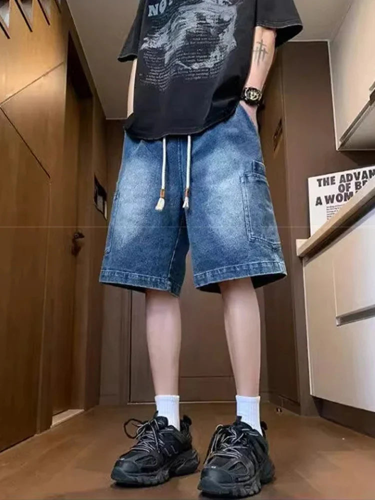 2025 New Men's Y2K Vintage Baggy Cargo Jorts Summer High Street Straight Denim Shorts Casual Washed Multi-pocket bermudas