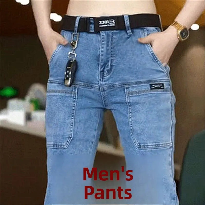 Men's Slim Fit Straight Leg Denim Jeans Flame Retardant Stretch Autumn Thin Faionable Long Pants Casual Wear Youth Sle