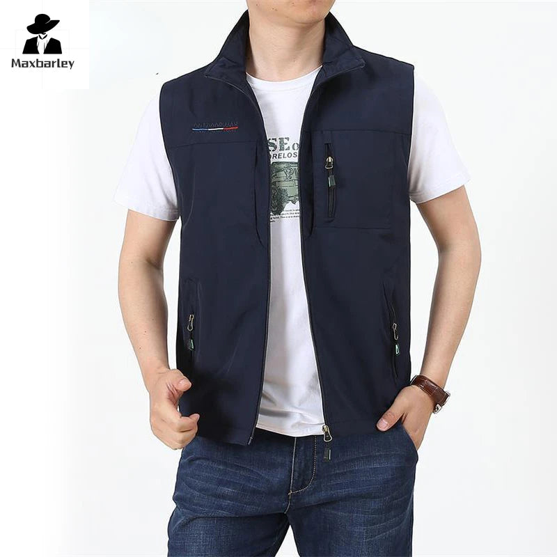 Men's Waistcoat  Jackets Outdoor Fishing Vest 2024 Summer Solid Color Stand Collar  Climbing Hiking Work Sleeveless With Pocket