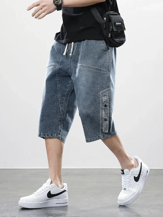 Summer Men's Jeans Denim Breeches Calf-Length Casual Shorts Washed Cotton Drawstring Straight Capris Pants Big Size 8XL
