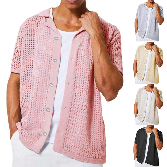 2025 Instant sale of the new summer casual pure color men's shirt hollow-out shirt knitted short-sleeved cardigan