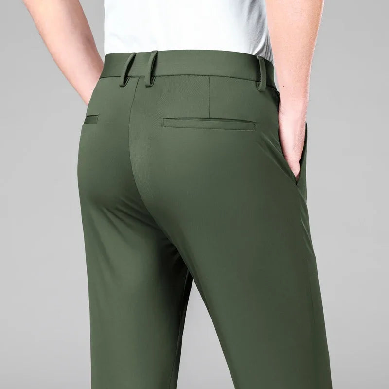 New Summer Men's Ice Silk High Stretch Business Suit Pants Male Army Green Blue Elastic Formal Office Straight Formal Trousers