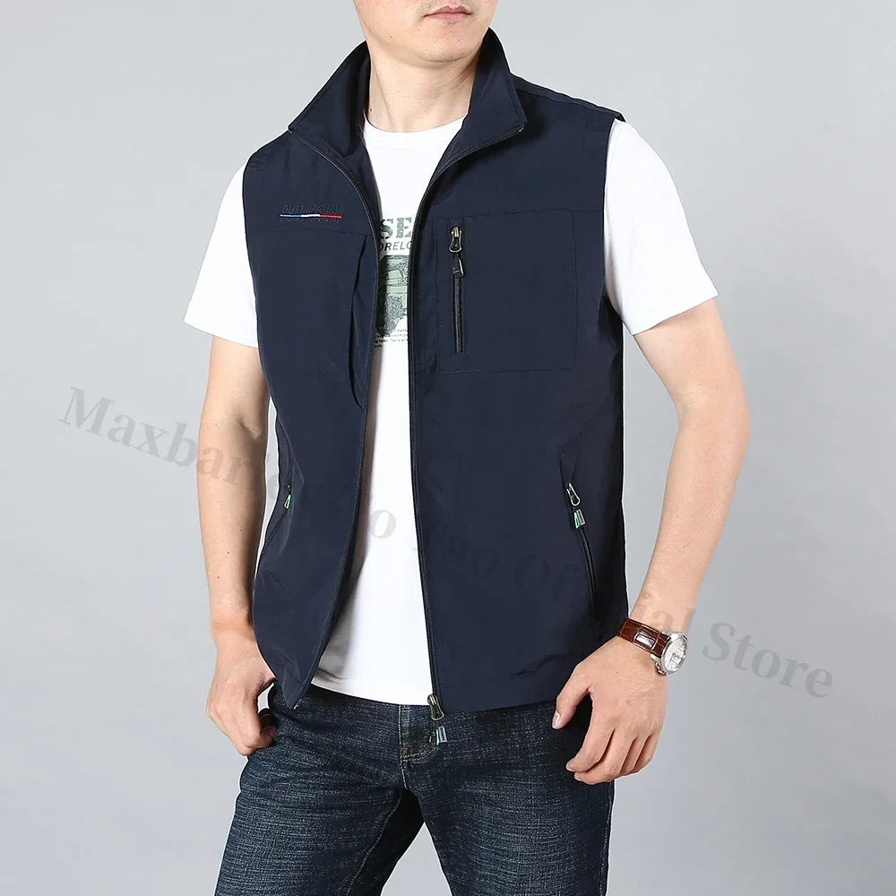 Men's Waistcoat  Jackets Outdoor Fishing Vest 2024 Summer Solid Color Stand Collar  Climbing Hiking Work Sleeveless With Pocket