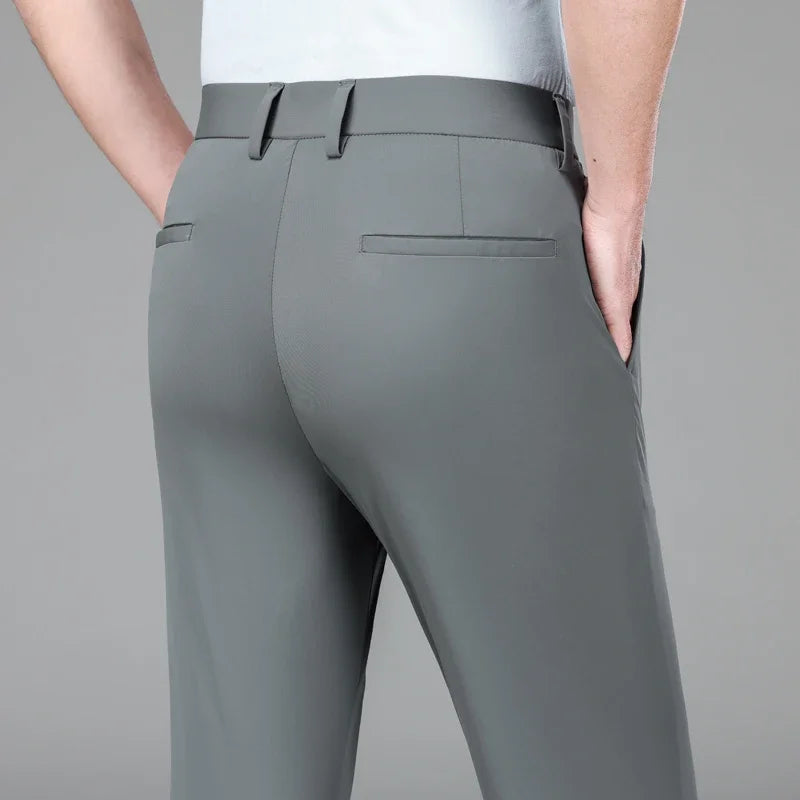 New Summer Men's Ice Silk High Stretch Business Suit Pants Male Army Green Blue Elastic Formal Office Straight Formal Trousers