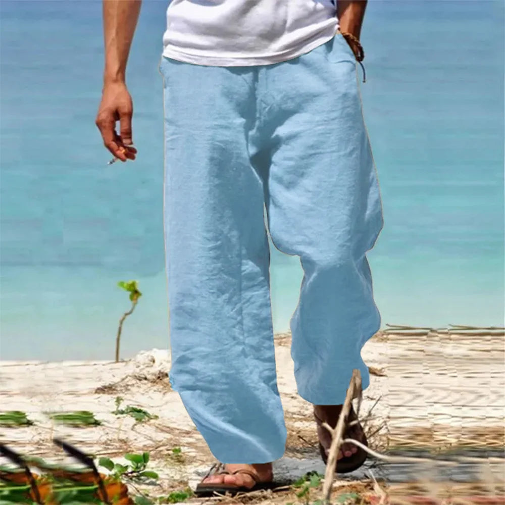 Men's Beach Pants Breathable Loose Straight Trousers Male Summer Casual Solid Color Japanese Streetwear