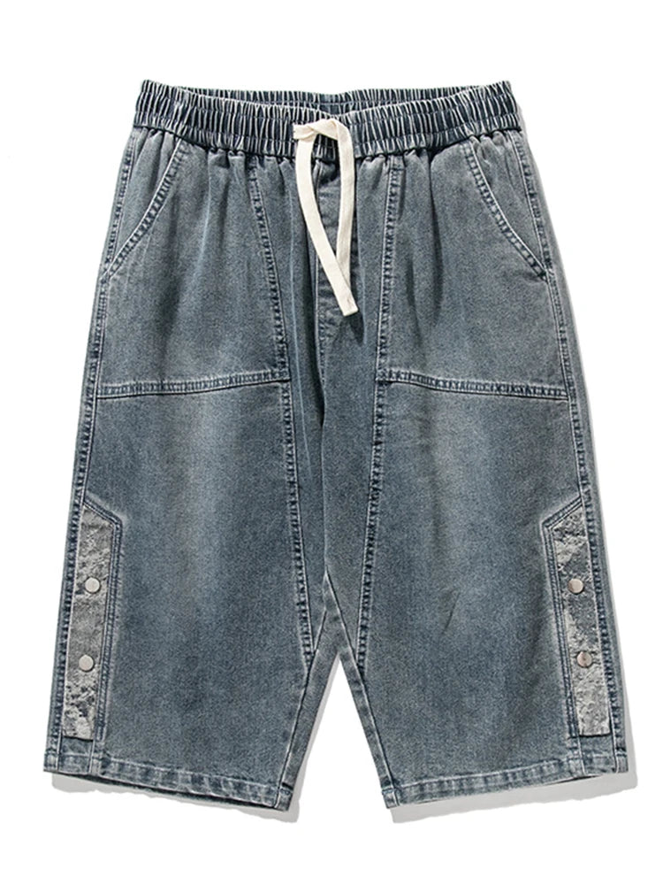 Summer Men's Jeans Denim Breeches Calf-Length Casual Shorts Washed Cotton Drawstring Straight Capris Pants Big Size 8XL