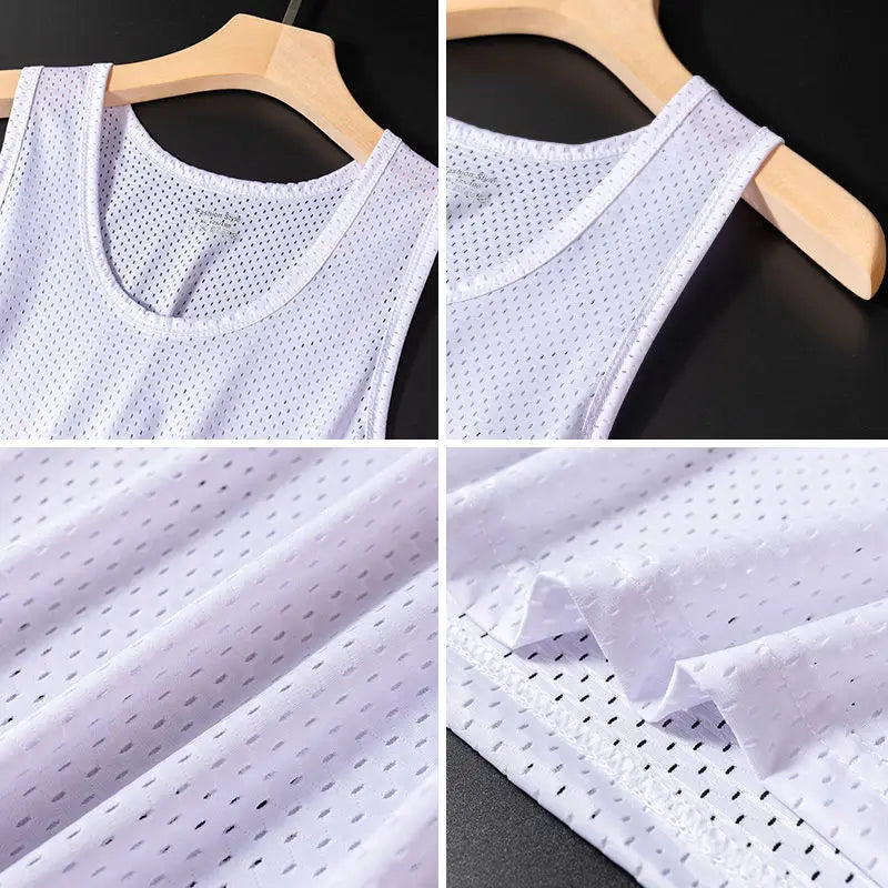 Men Ice Silk Tank Tops Thin Breathable Sport T Shirts Sleeveless Mesh Hole Vest Summer Quick-Drying Bodybuilding Fitness Vest
