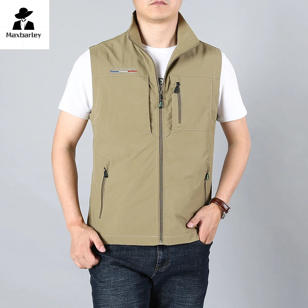 Men's Waistcoat  Jackets Outdoor Fishing Vest 2024 Summer Solid Color Stand Collar  Climbing Hiking Work Sleeveless With Pocket