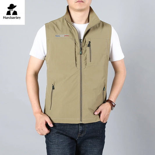 Men's Waistcoat  Jackets Outdoor Fishing Vest 2024 Summer Solid Color Stand Collar  Climbing Hiking Work Sleeveless With Pocket
