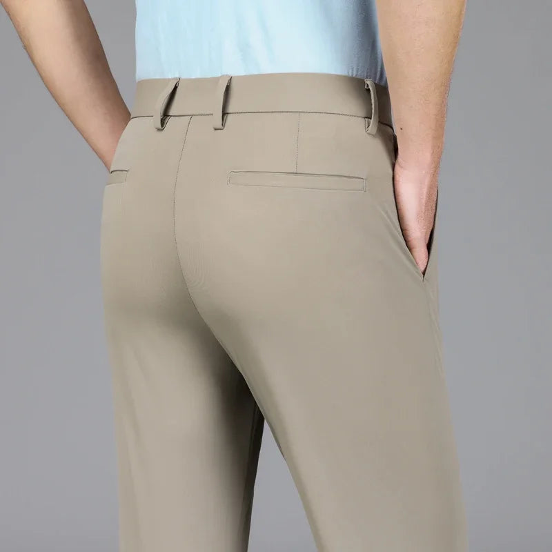 New Summer Men's Ice Silk High Stretch Business Suit Pants Male Army Green Blue Elastic Formal Office Straight Formal Trousers