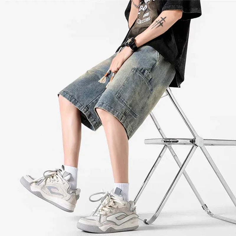 2025 New Men's Y2K Vintage Baggy Cargo Jorts Summer High Street Straight Denim Shorts Casual Washed Multi-pocket bermudas