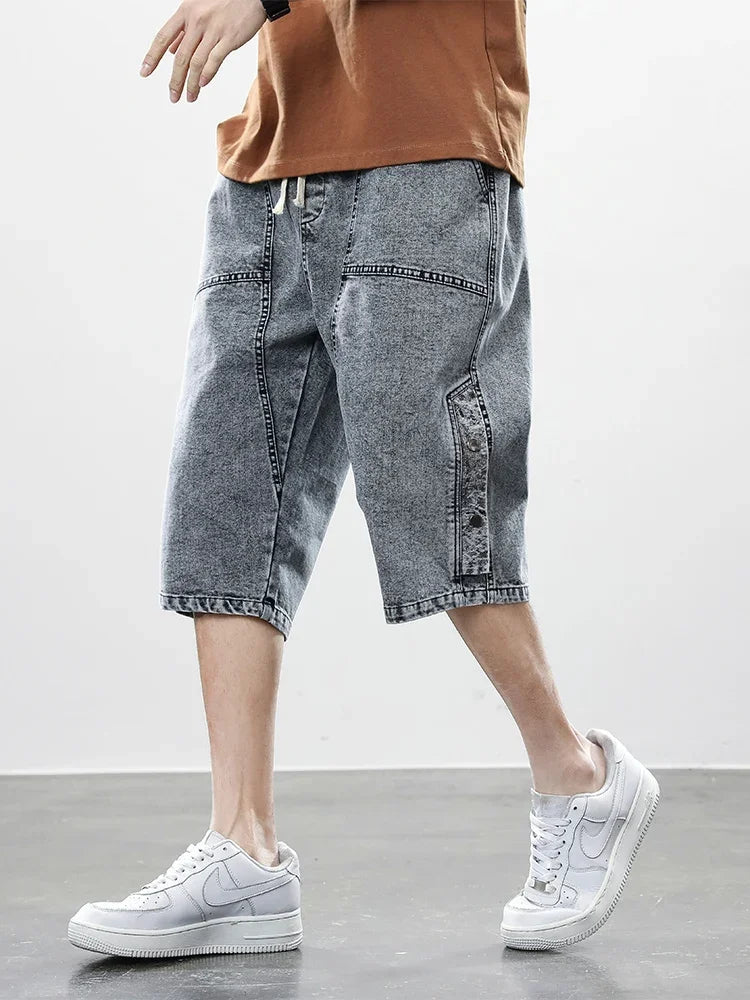 Summer Men's Jeans Denim Breeches Calf-Length Casual Shorts Washed Cotton Drawstring Straight Capris Pants Big Size 8XL