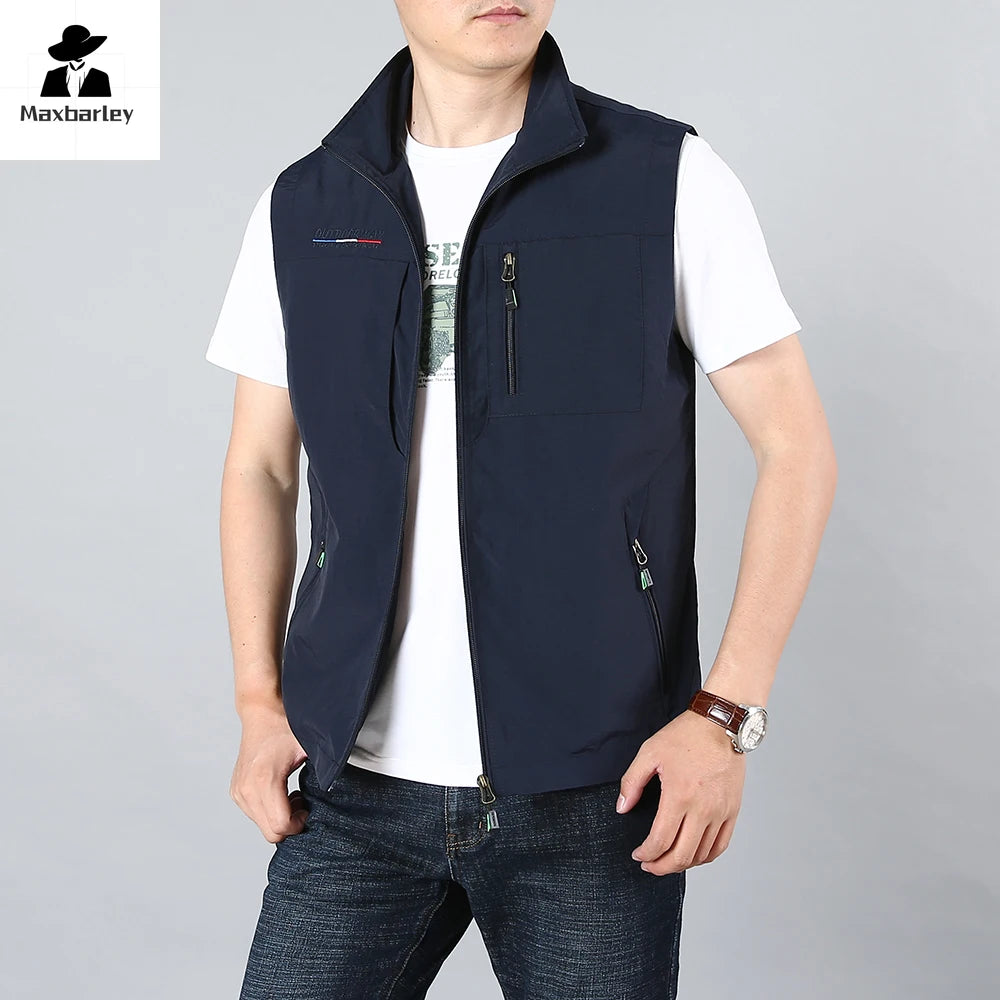 Men's Waistcoat  Jackets Outdoor Fishing Vest 2024 Summer Solid Color Stand Collar  Climbing Hiking Work Sleeveless With Pocket