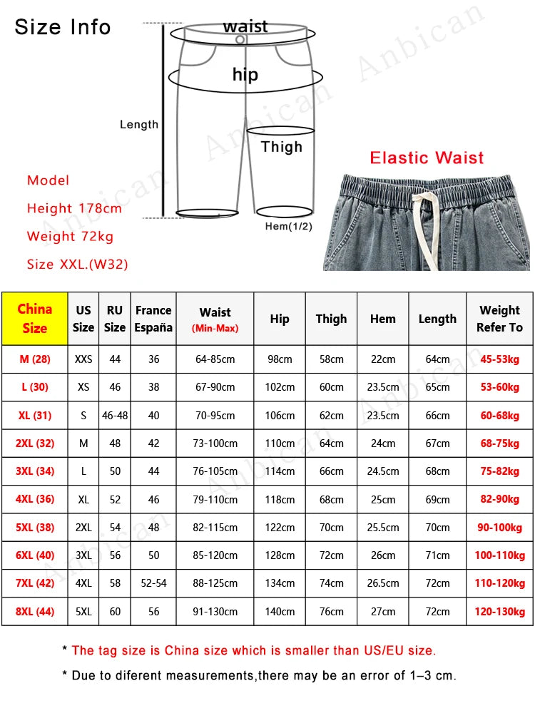 Summer Men's Jeans Denim Breeches Calf-Length Casual Shorts Washed Cotton Drawstring Straight Capris Pants Big Size 8XL