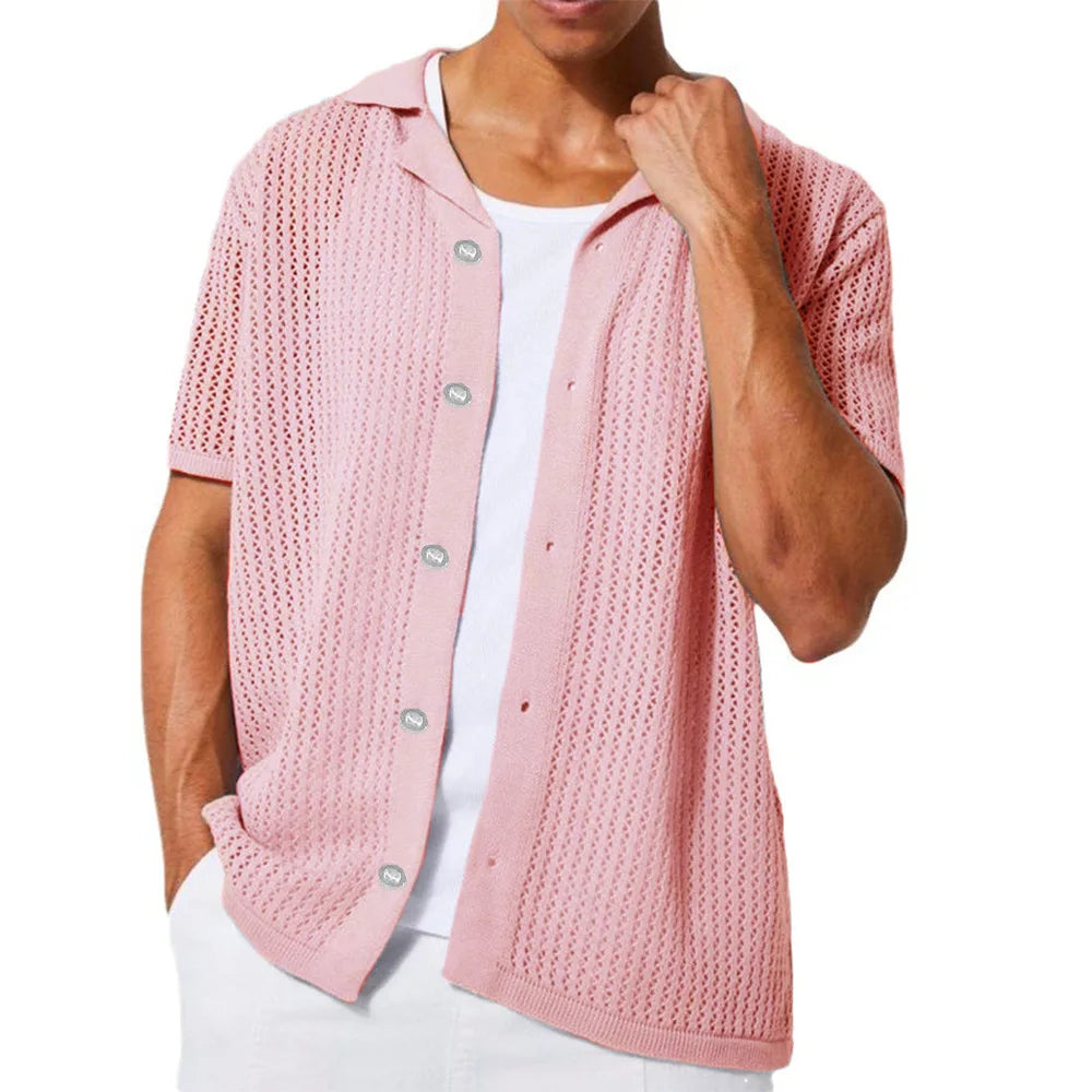 2025 Instant sale of the new summer casual pure color men's shirt hollow-out shirt knitted short-sleeved cardigan