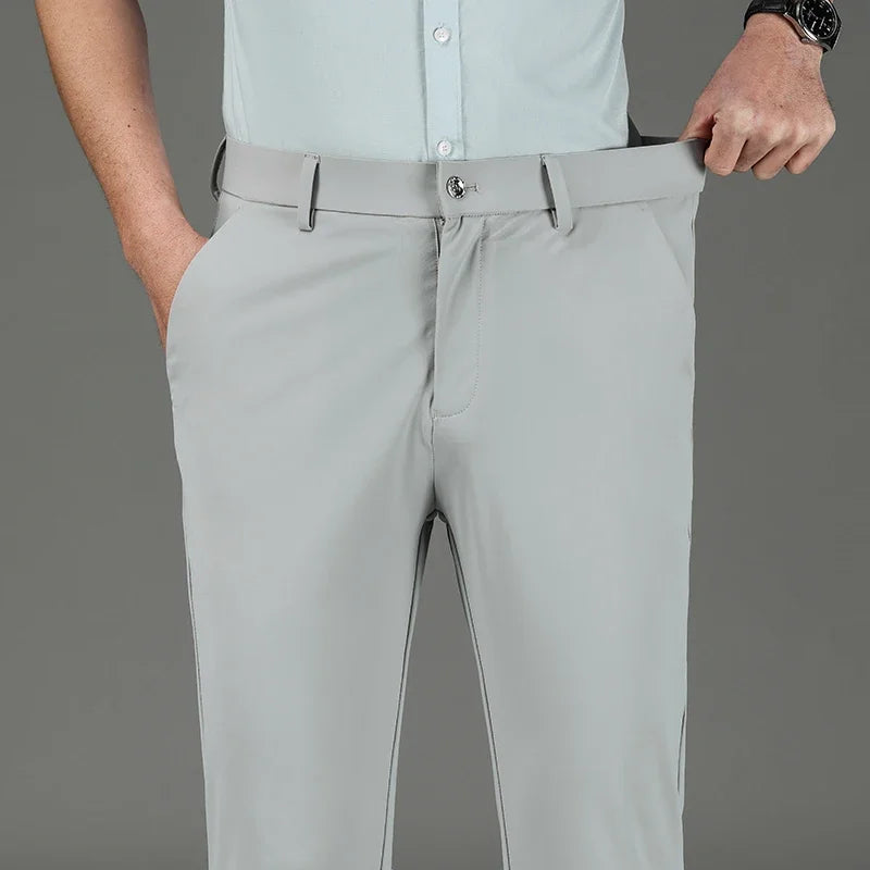 New Summer Men's Ice Silk High Stretch Business Suit Pants Male Army Green Blue Elastic Formal Office Straight Formal Trousers